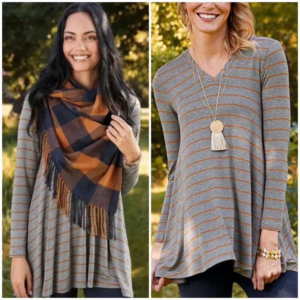 Matilda Jane S Gray Orange Striped‎ Windsong Long Sleeve Striped Knit Tunic Top